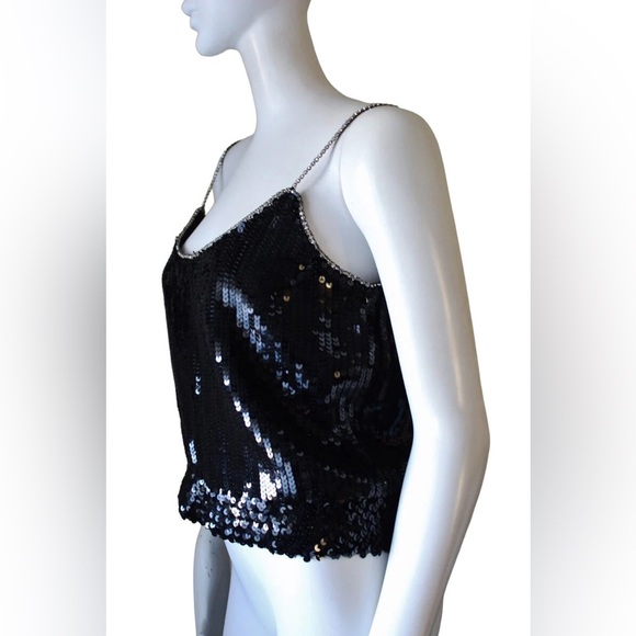 Saks 5th Ave vintage 1980s black sequin tank with rhinestone straps. Silk lining - Picture 3 of 6